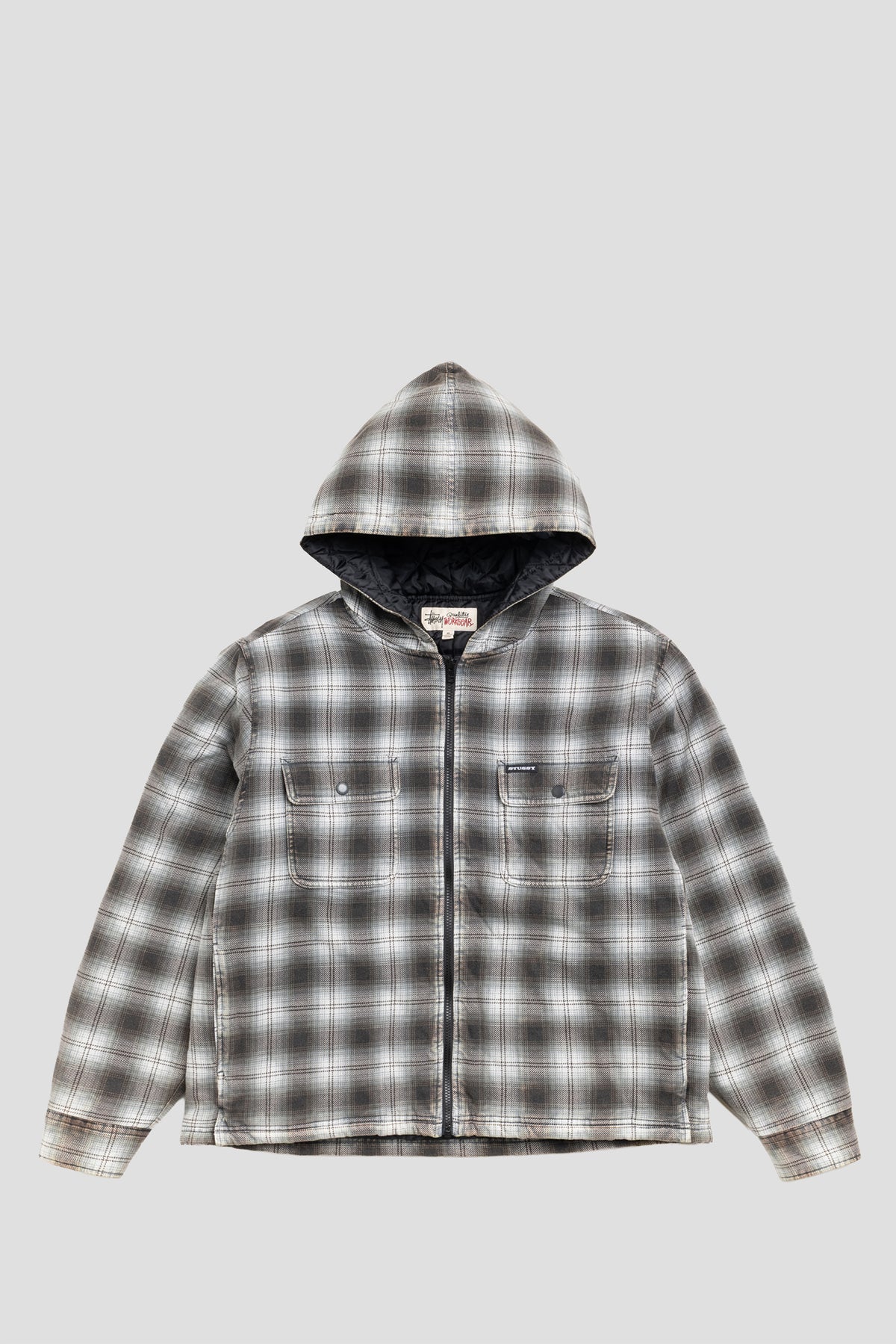 STUSSY ZIP HOODED PLAID SHIRT CHARCOAL