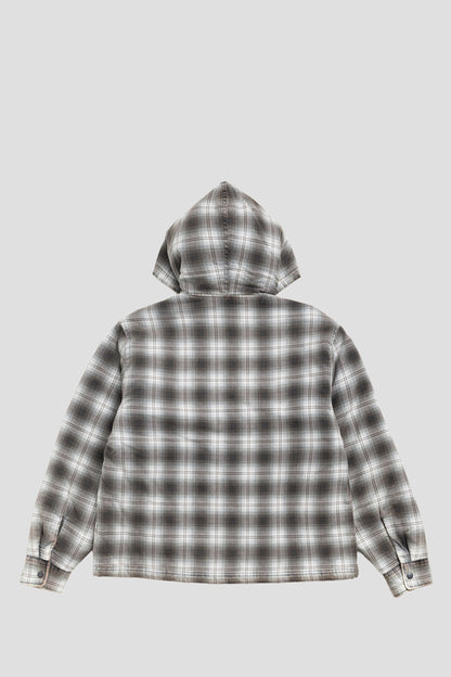 STUSSY ZIP HOODED PLAID SHIRT CHARCOAL