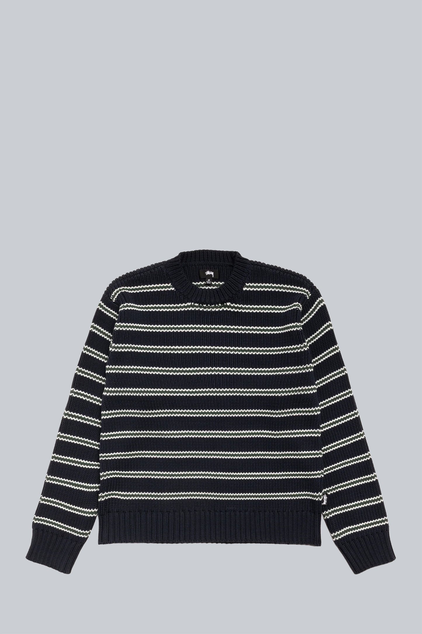 STUSSY STRIPE CHUNKY KNIT CREW SWEATER OCEAN