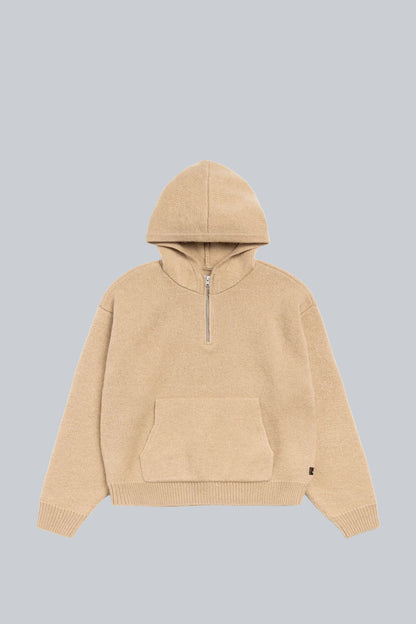 STUSSY QUARTER ZIP HOODED SWEATER TAN