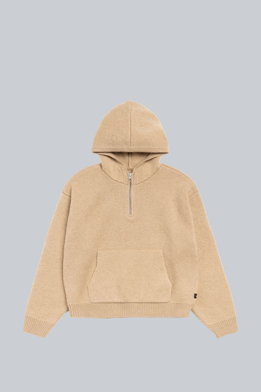 STUSSY QUARTER ZIP HOODED SWEATER TAN