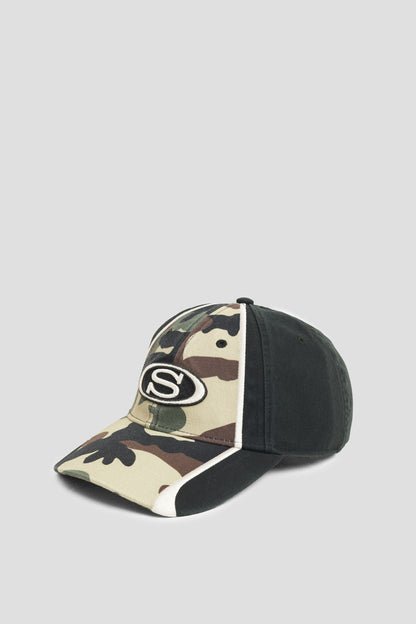 STUSSY LOW PROFILE S OVAL STRAPBACK CAP WOODLAND CAMO