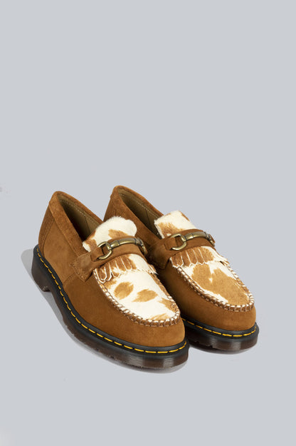 DR MARTENS ADRIAN SNAFFLE HAIR-ON COW PRINT KILTIE LOAFERS PECAN BROWN