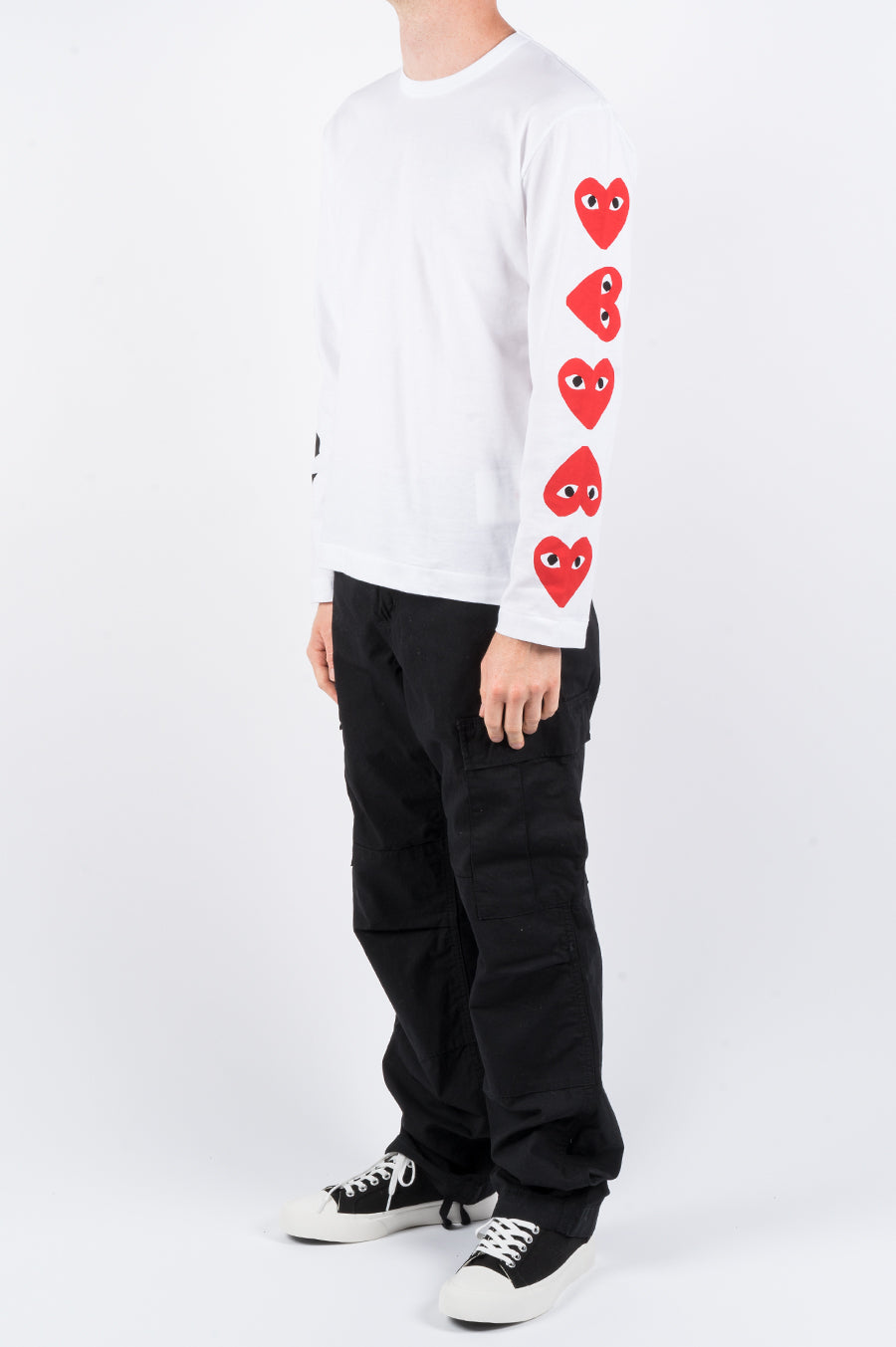 COMME DES GARCONS PLAY LS ALTERNATING HEARTS PRINTED SLEEVE WHITE - BLENDS