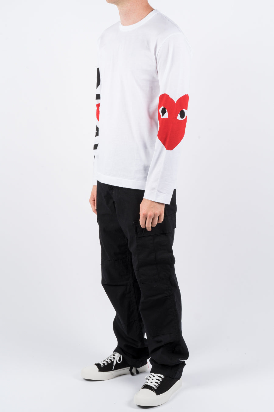 COMME DES GARCONS PLAY LS OVERSIZED HEART PRINTED SLEEVE WHITE