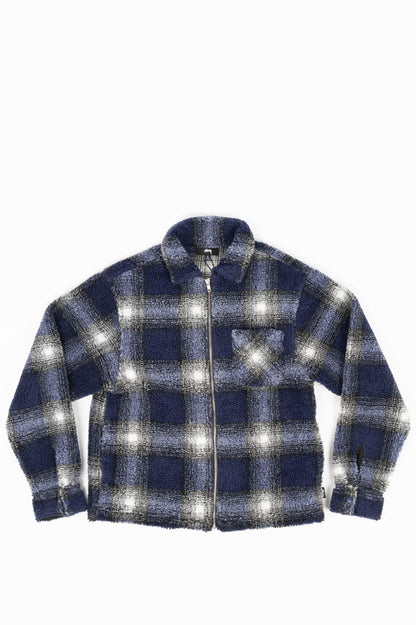 STUSSY SHADOW PLAID SHERPA ZIP SHIRT NAVY – BLENDS